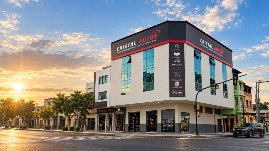 Imagen promocional de la sucursal Cristal Autos Guayaquil al atardecer, proporcionada por la empresa