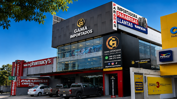 Fachada del local de Quito con letreros de Cristal Autos, GAMA Importados y llantas WINDA, fotografía proporcionada por la empresa